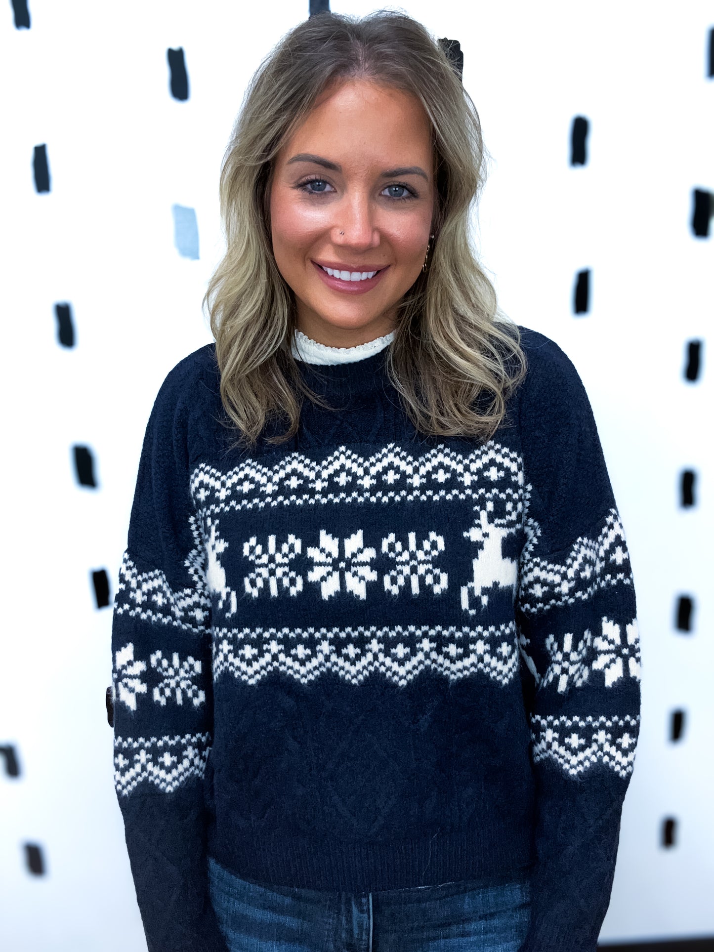 Navy Snowflake Deer Knit Sweater
