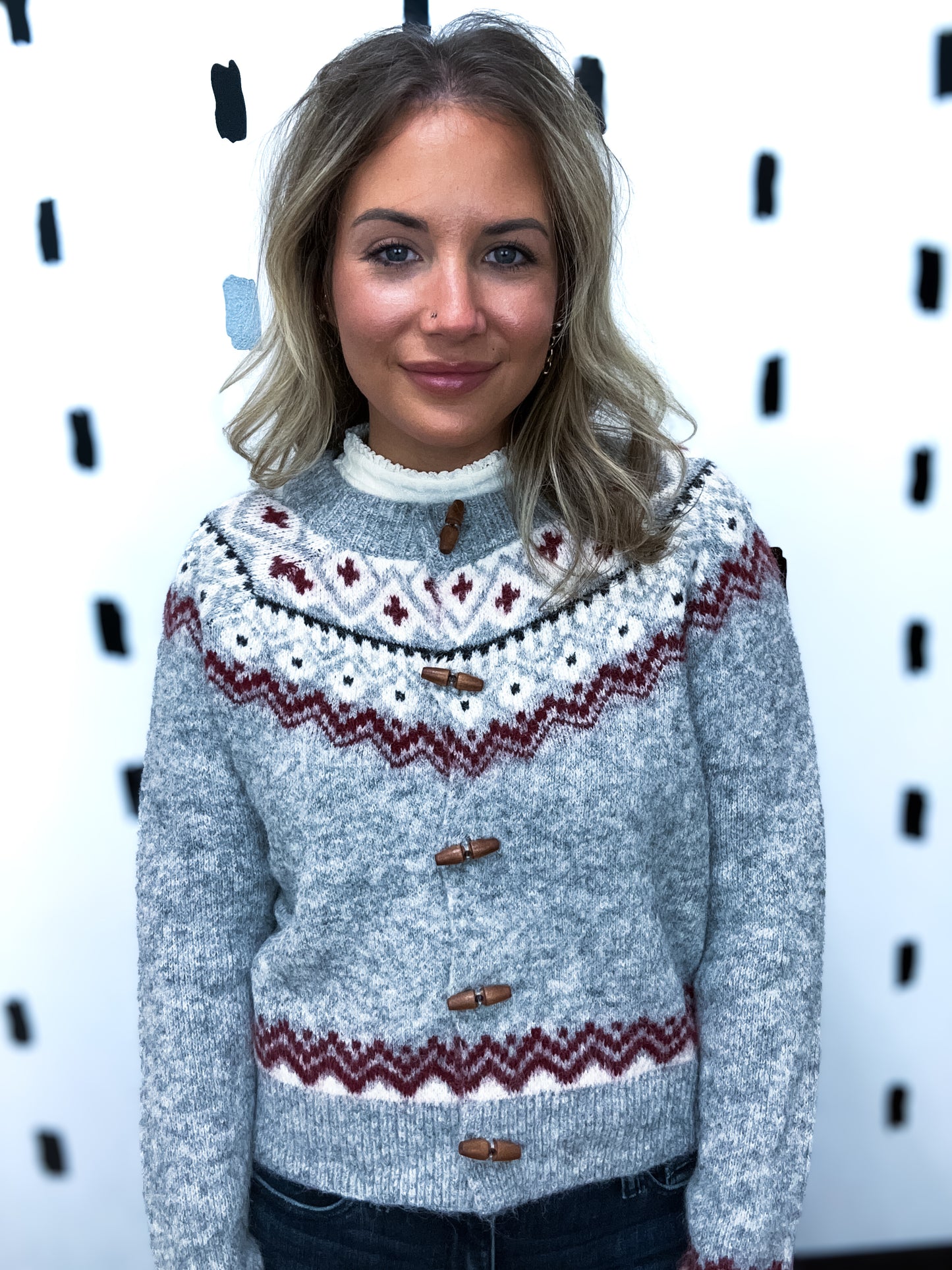 Grey Multi Fair Isle Toggle Button Cardigan