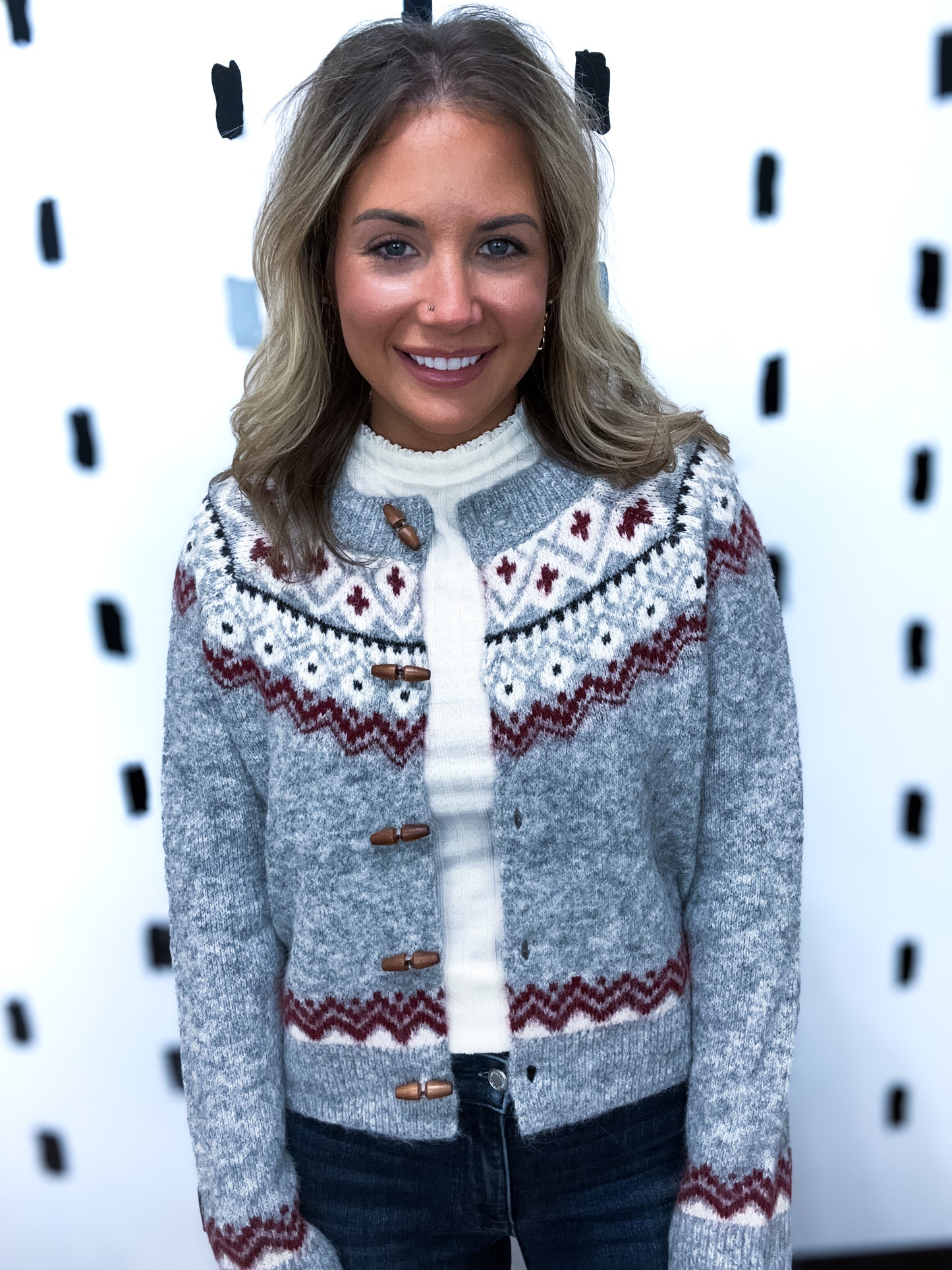 Grey Multi Fair Isle Toggle Button Cardigan