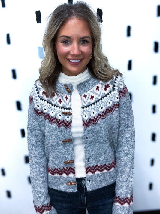 Grey Multi Fair Isle Toggle Button Cardigan