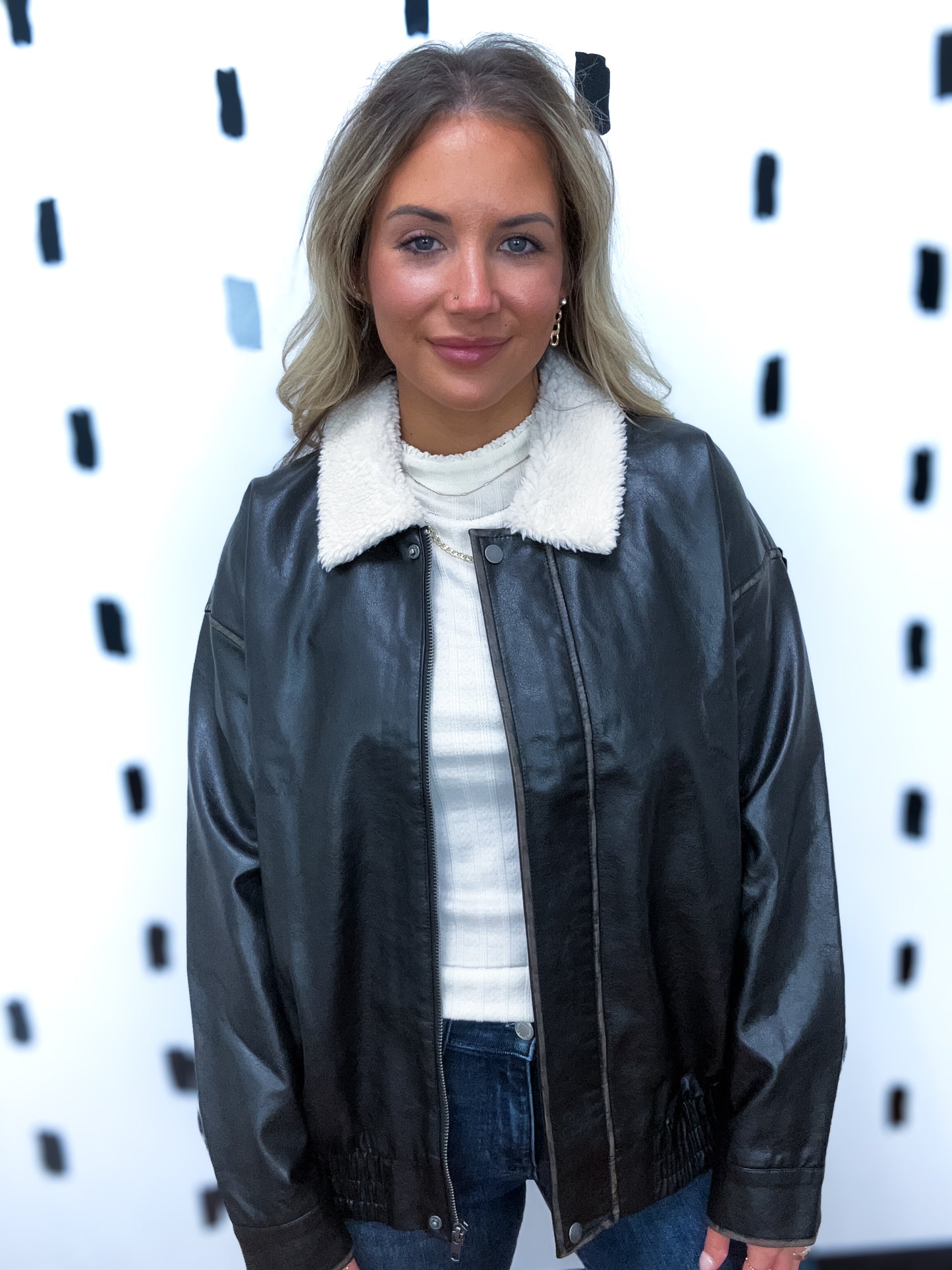 Black Faux Leather Shearling Collar Jacket