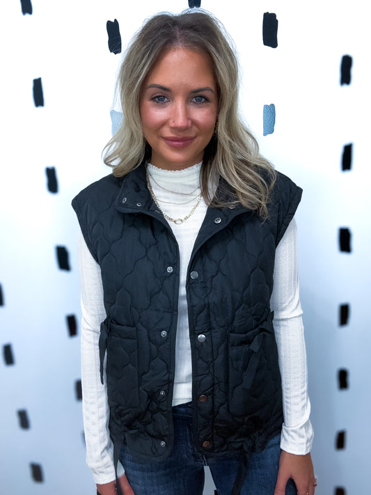 Black Snap Button Quilted Puffer Vest