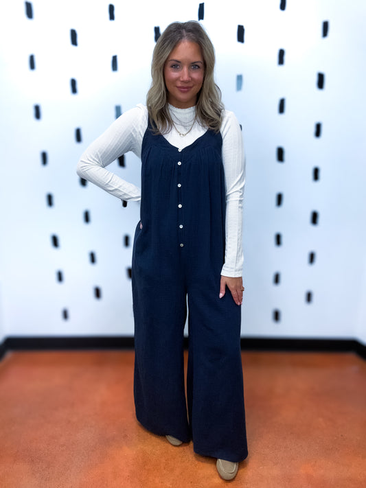 Navy Cotton Gauze Button Jumpsuit