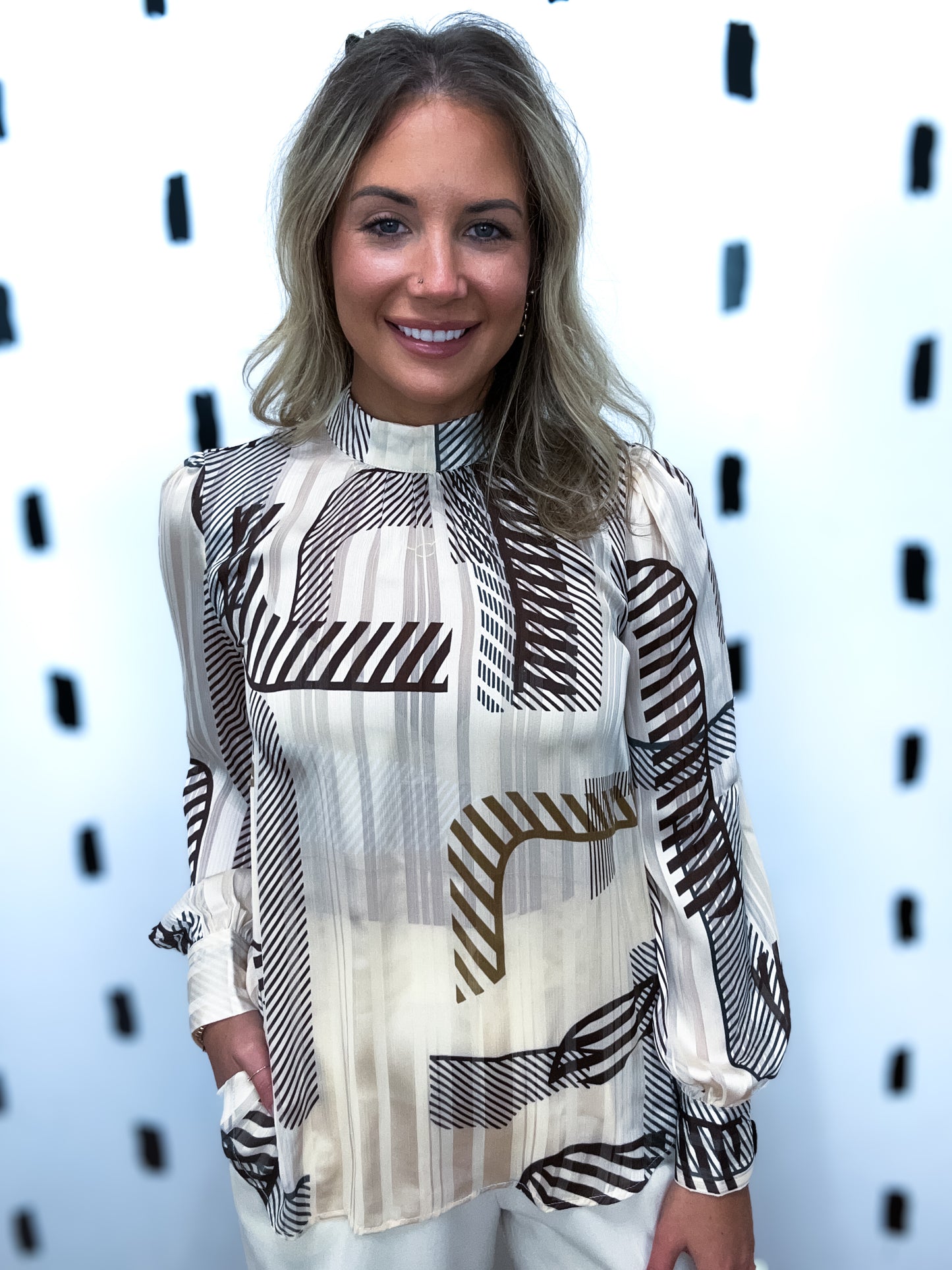 Brown Abstract Print Long Sleeve Blouse