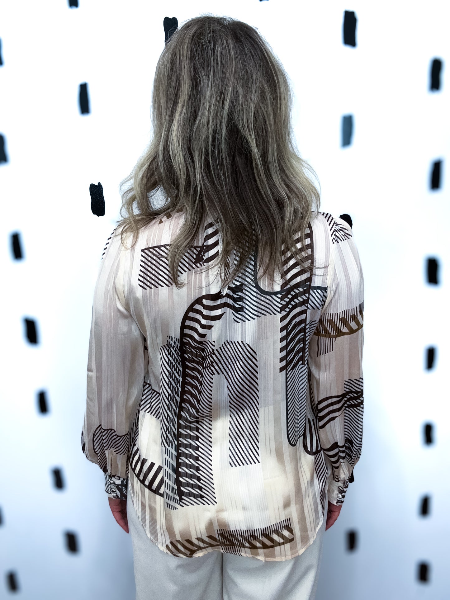Brown Abstract Print Long Sleeve Blouse