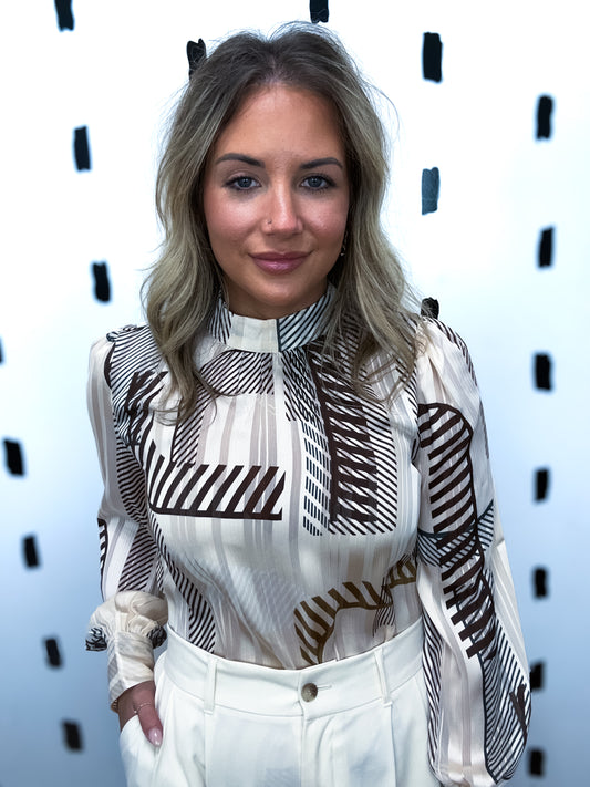 Brown Abstract Print Long Sleeve Blouse