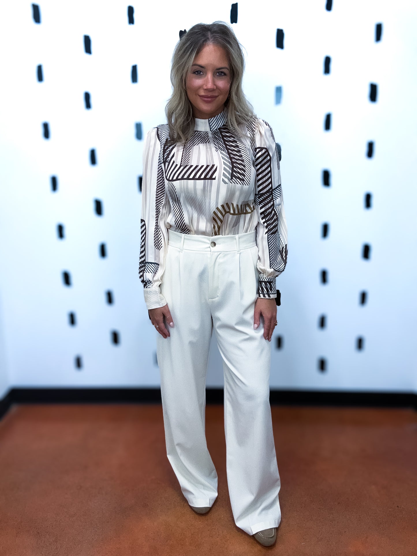 Brown Abstract Print Long Sleeve Blouse