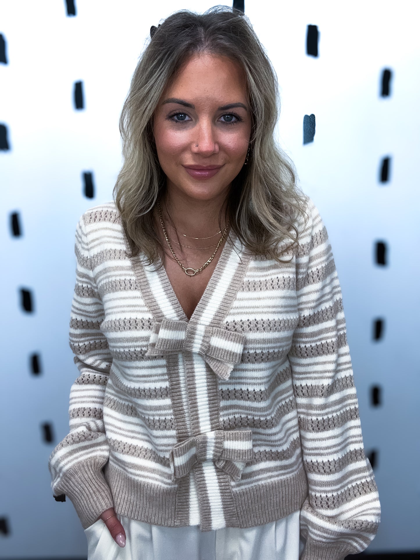 Beige Bow Tie Front Striped Sweater