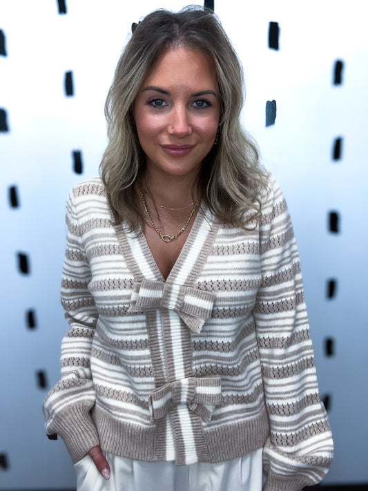 Beige Bow Tie Front Striped Sweater