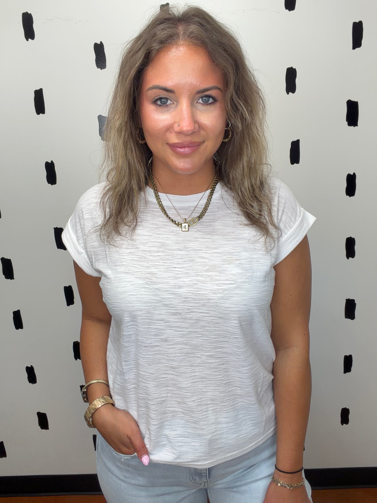 White Cuffed Short Sleeve Top