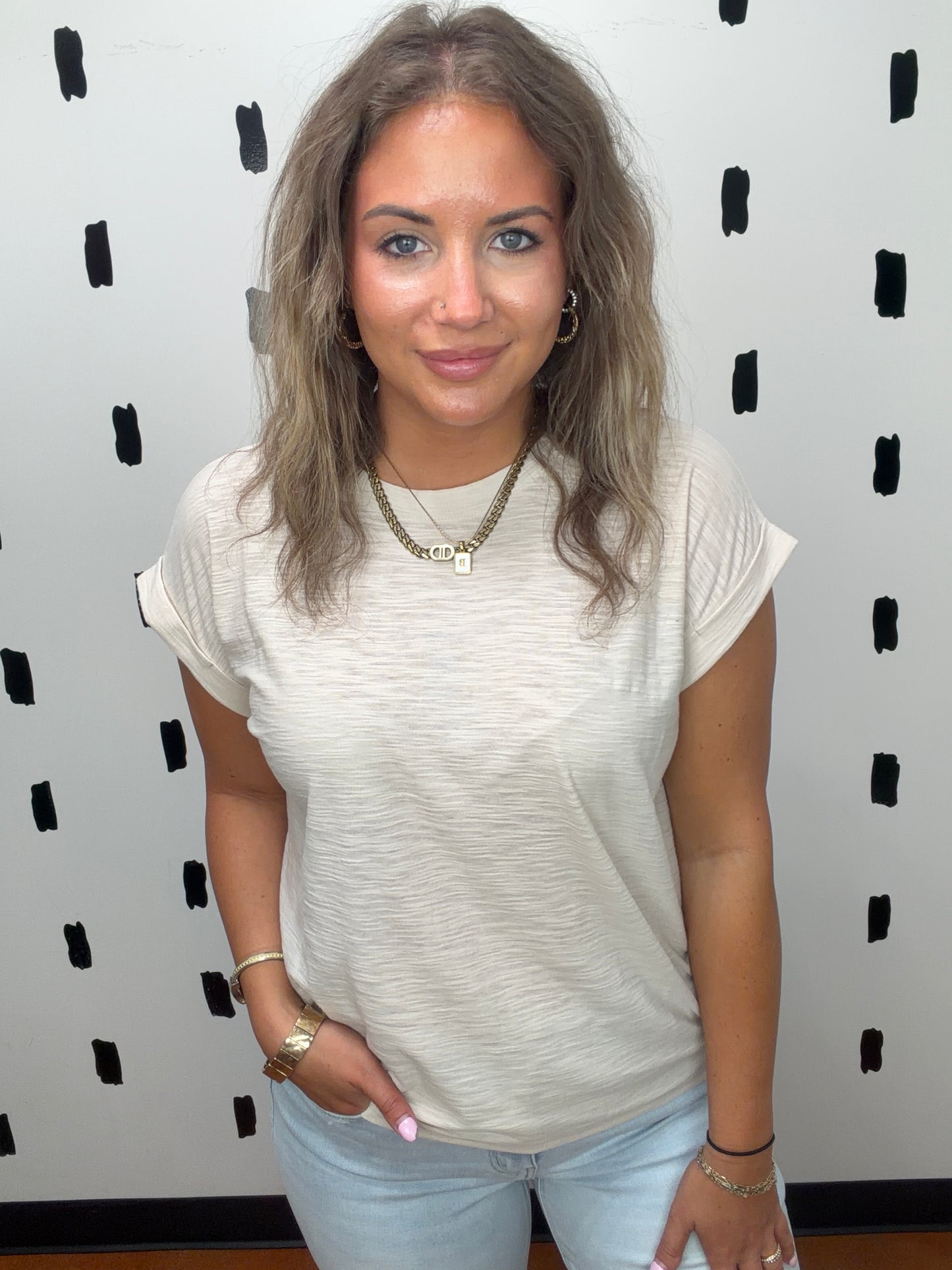 Sand Beige Cuffed Short Sleeve Top