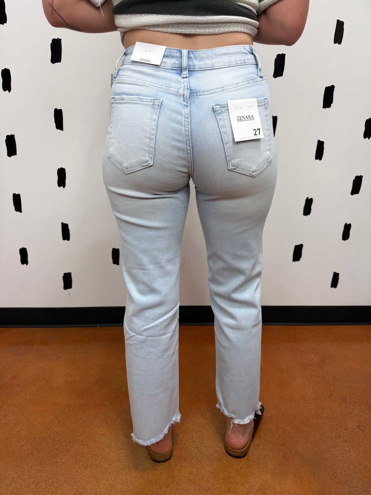 Light Wash Distressed Raw Hem Denim Jeans