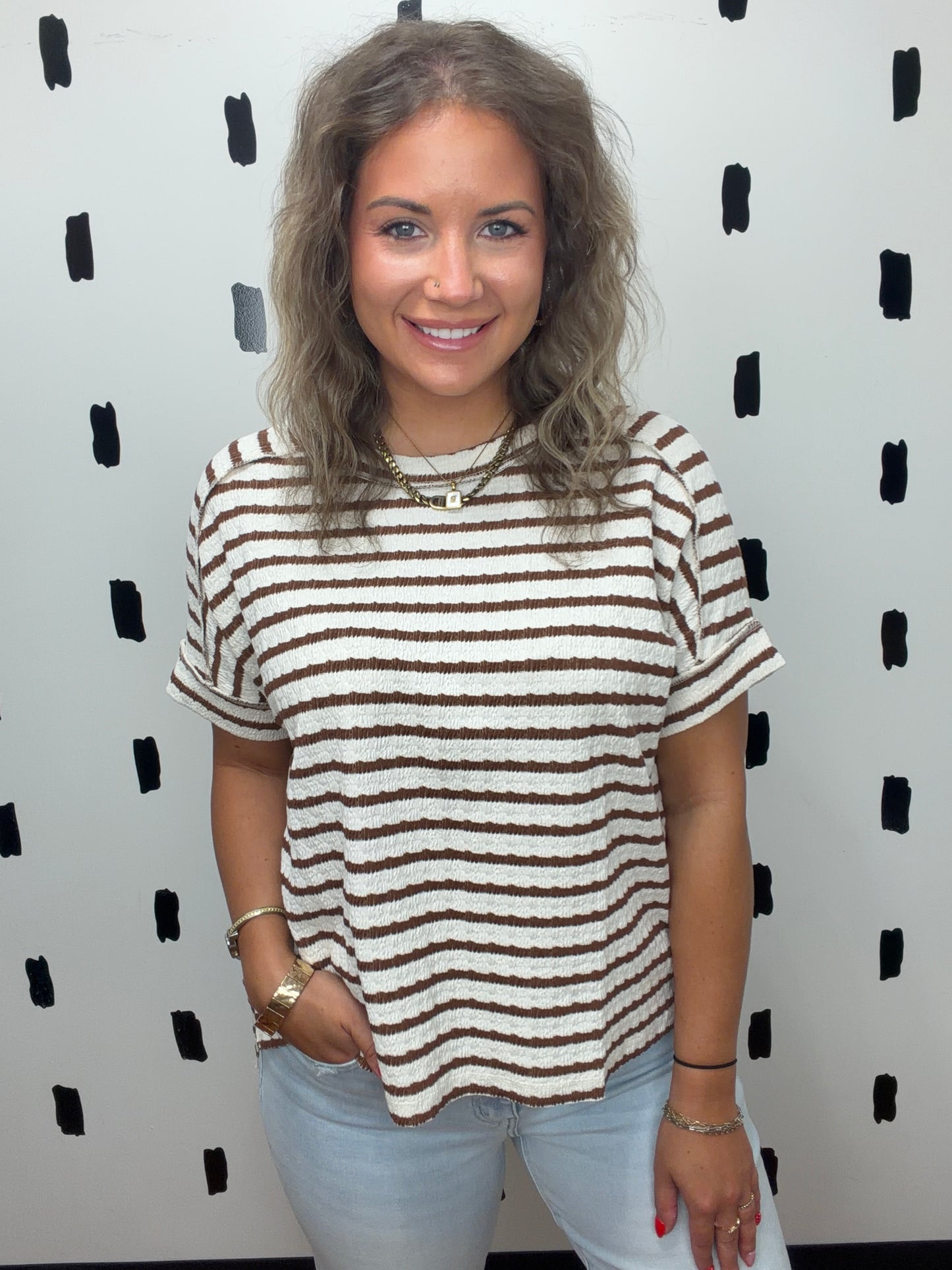 Brown Striped Short Sleeve Round Neck Top