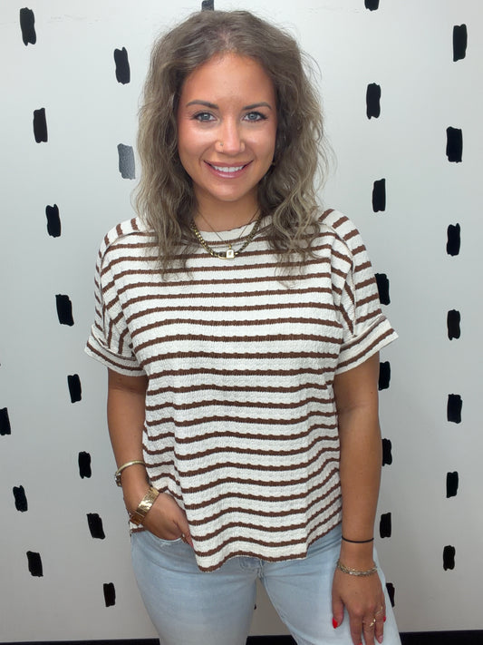Brown Striped Short Sleeve Round Neck Top