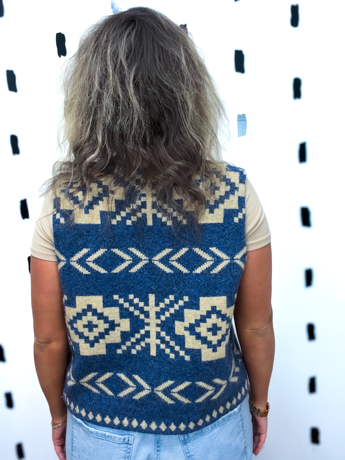 Blue Aztec Print Button Down Knit Vest