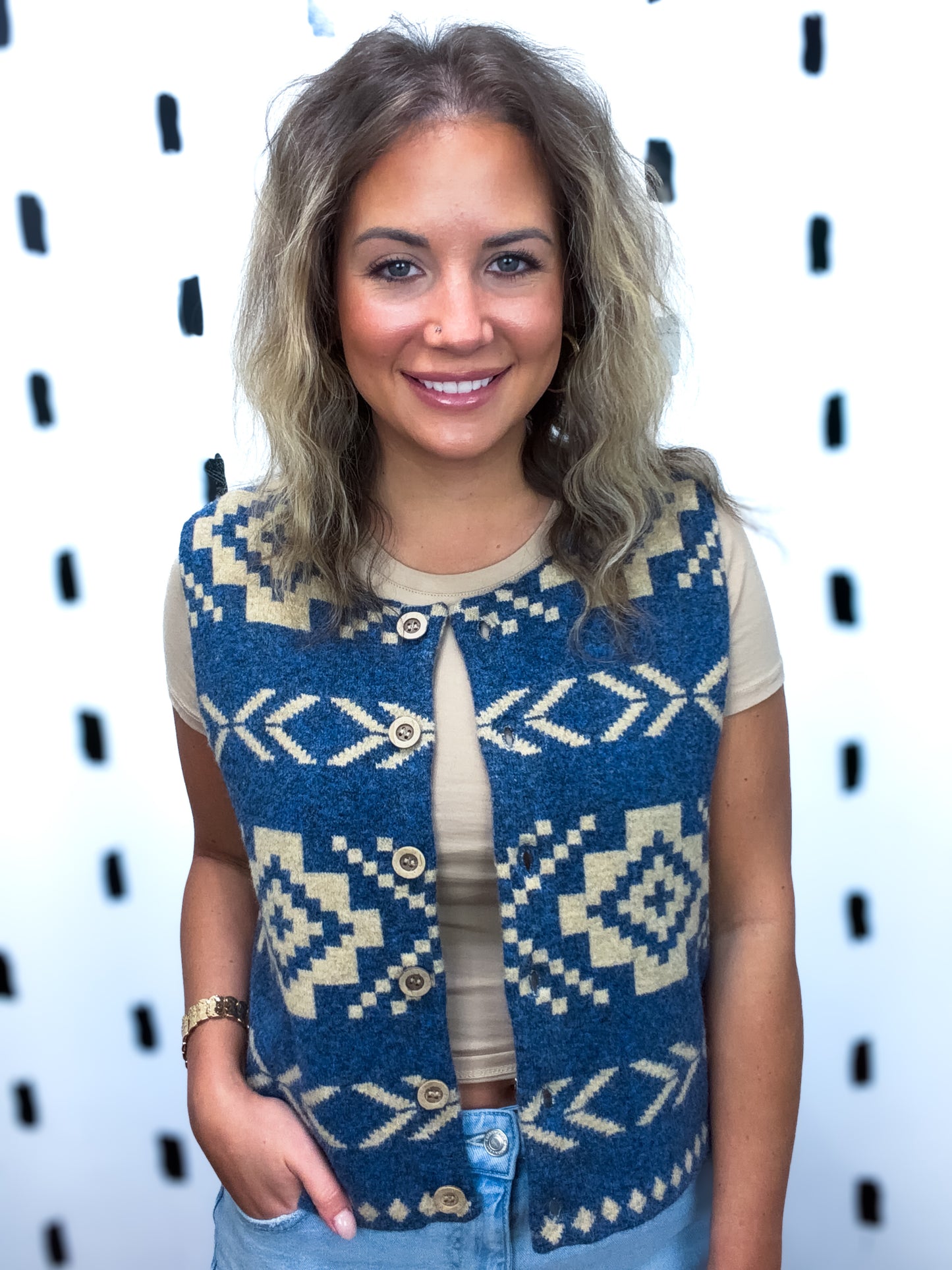 Blue Aztec Print Button Down Knit Vest