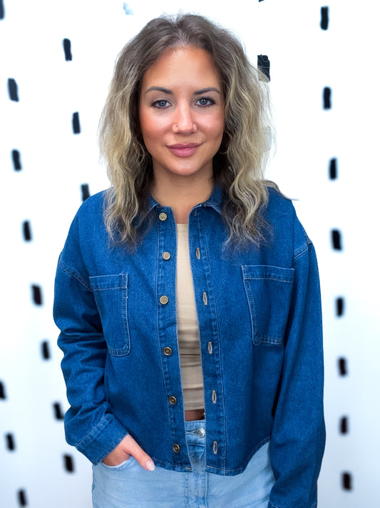 Indigo Button Up Cropped Denim Jacket