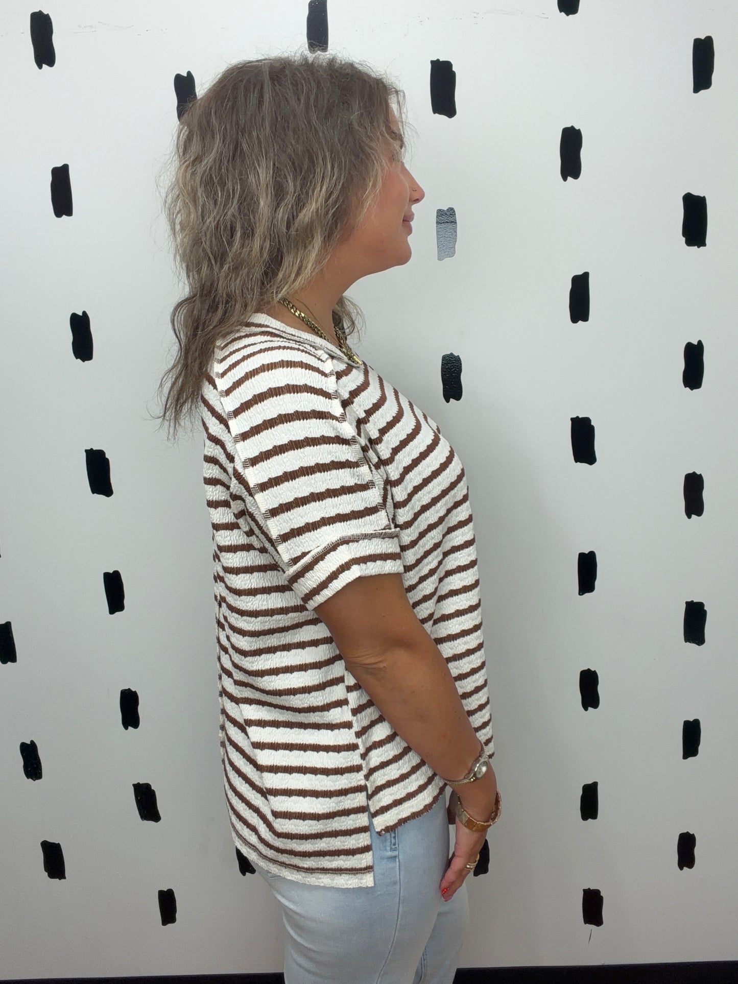 Brown Striped Short Sleeve Round Neck Top