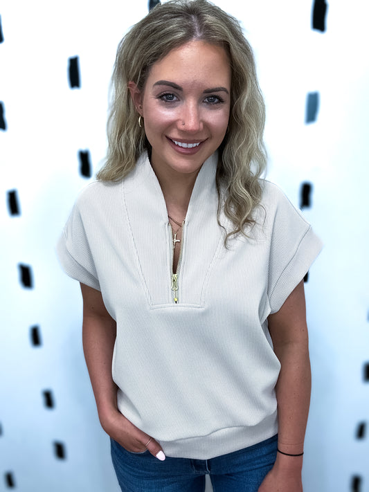 Sand Beige High Neck Half Zip Top