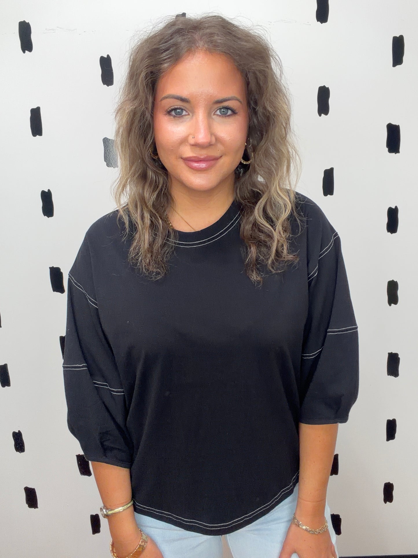 Black 3/4 Balloon Sleeve Top