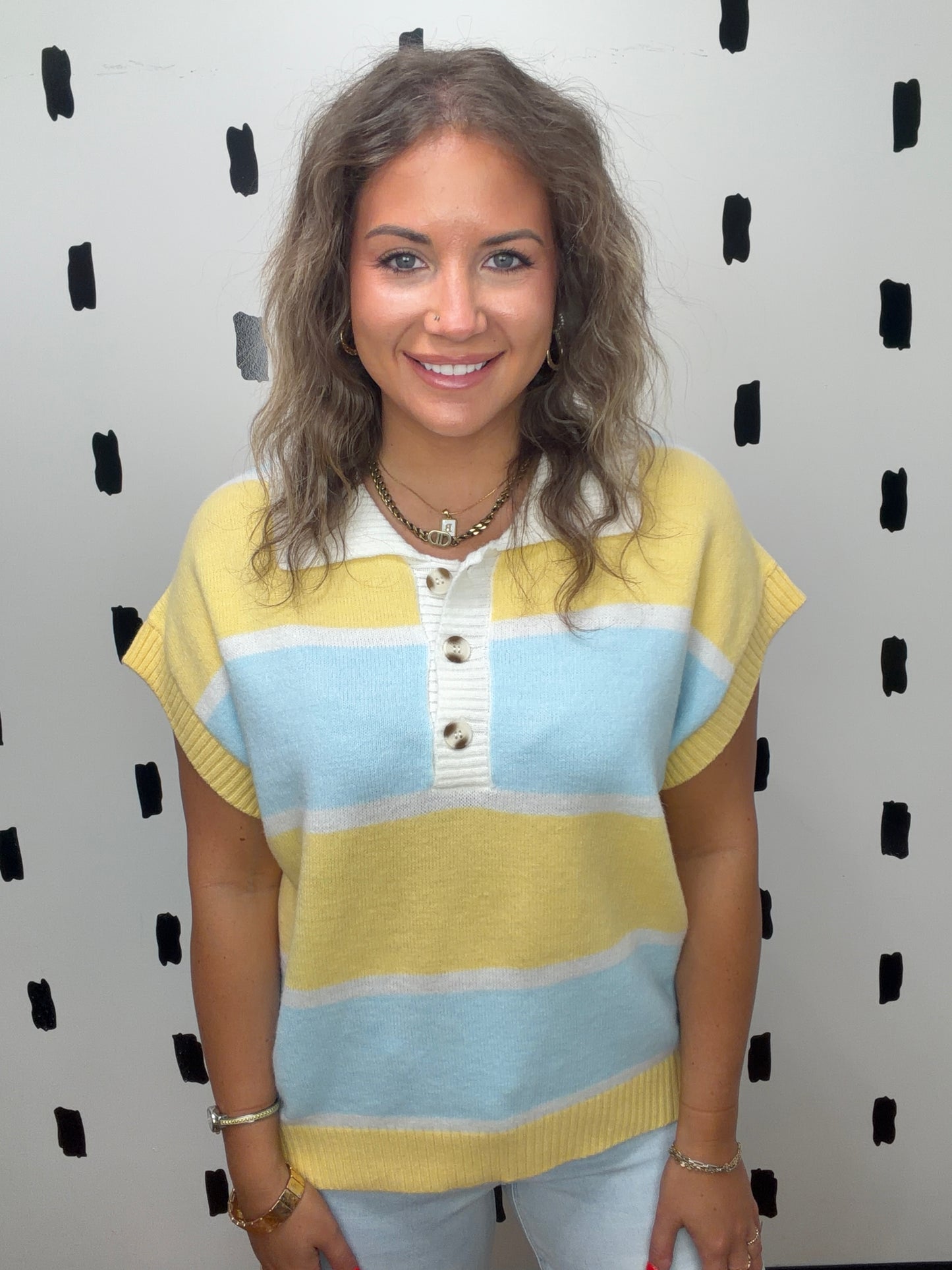 Lemon/Lt.Blue Striped Short Sleeve Collared Top