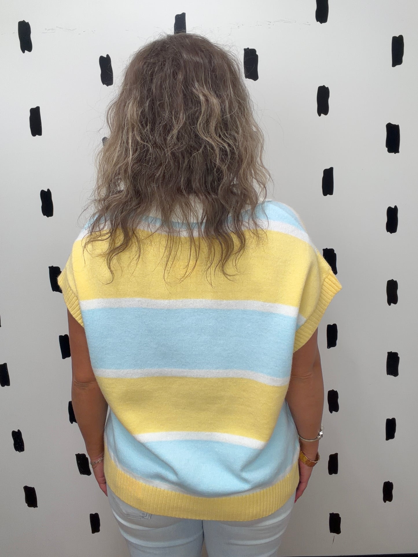 Lemon/Lt.Blue Striped Short Sleeve Collared Top