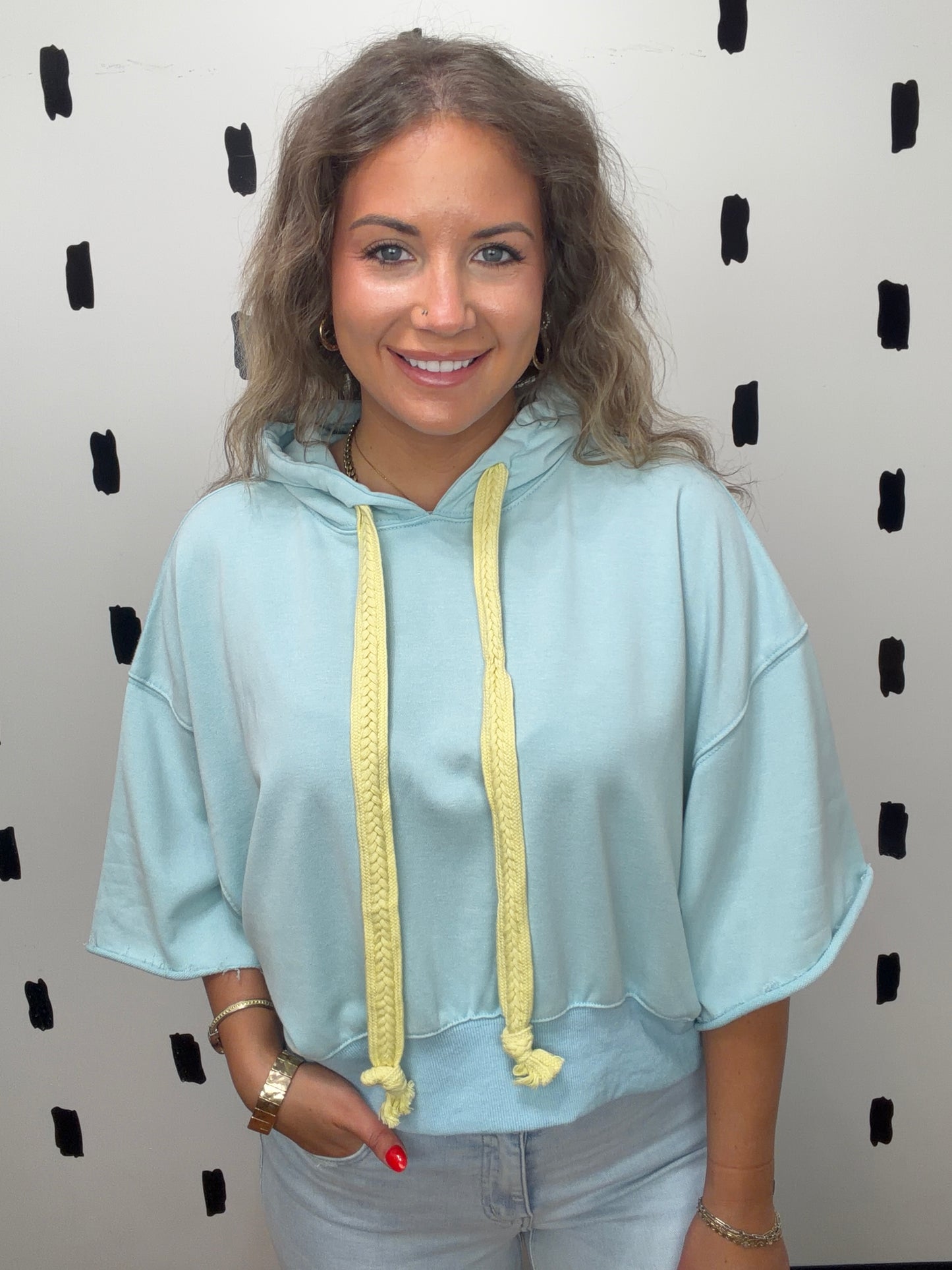 Blue/Pale Lemon Short Sleeve Hoodie Top