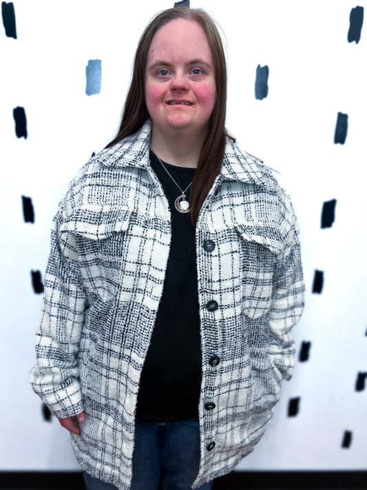 Black/White Bouncle Plaid Longline Shirt Jacket