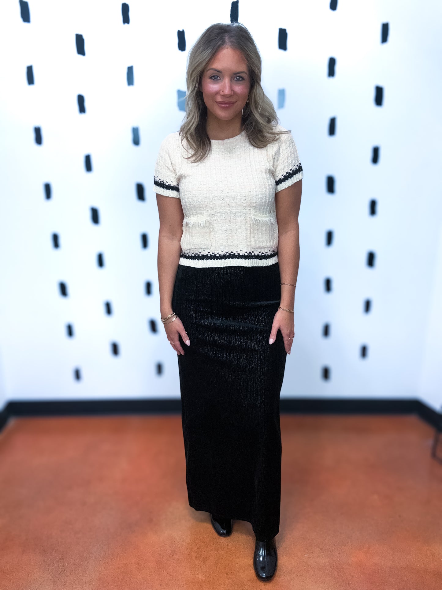 Black Lurex Velour High Waist Midi Skirt