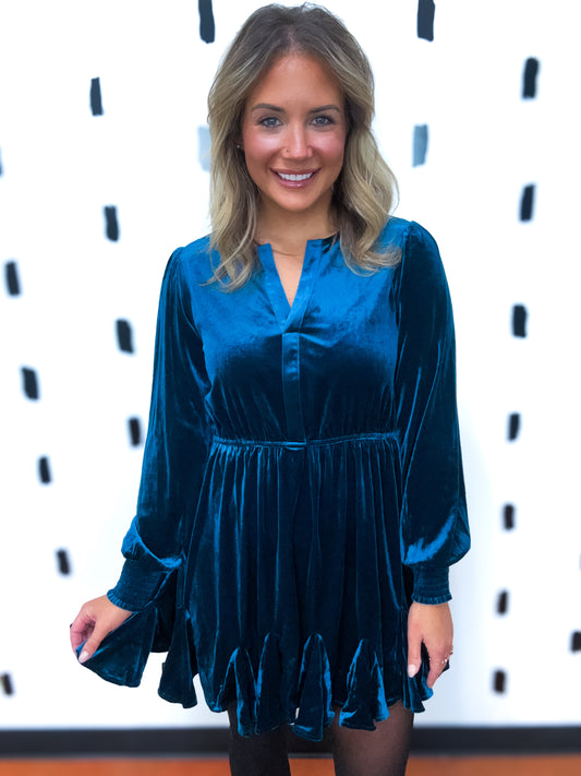 Dark Teal Velvet Split Collar Dress