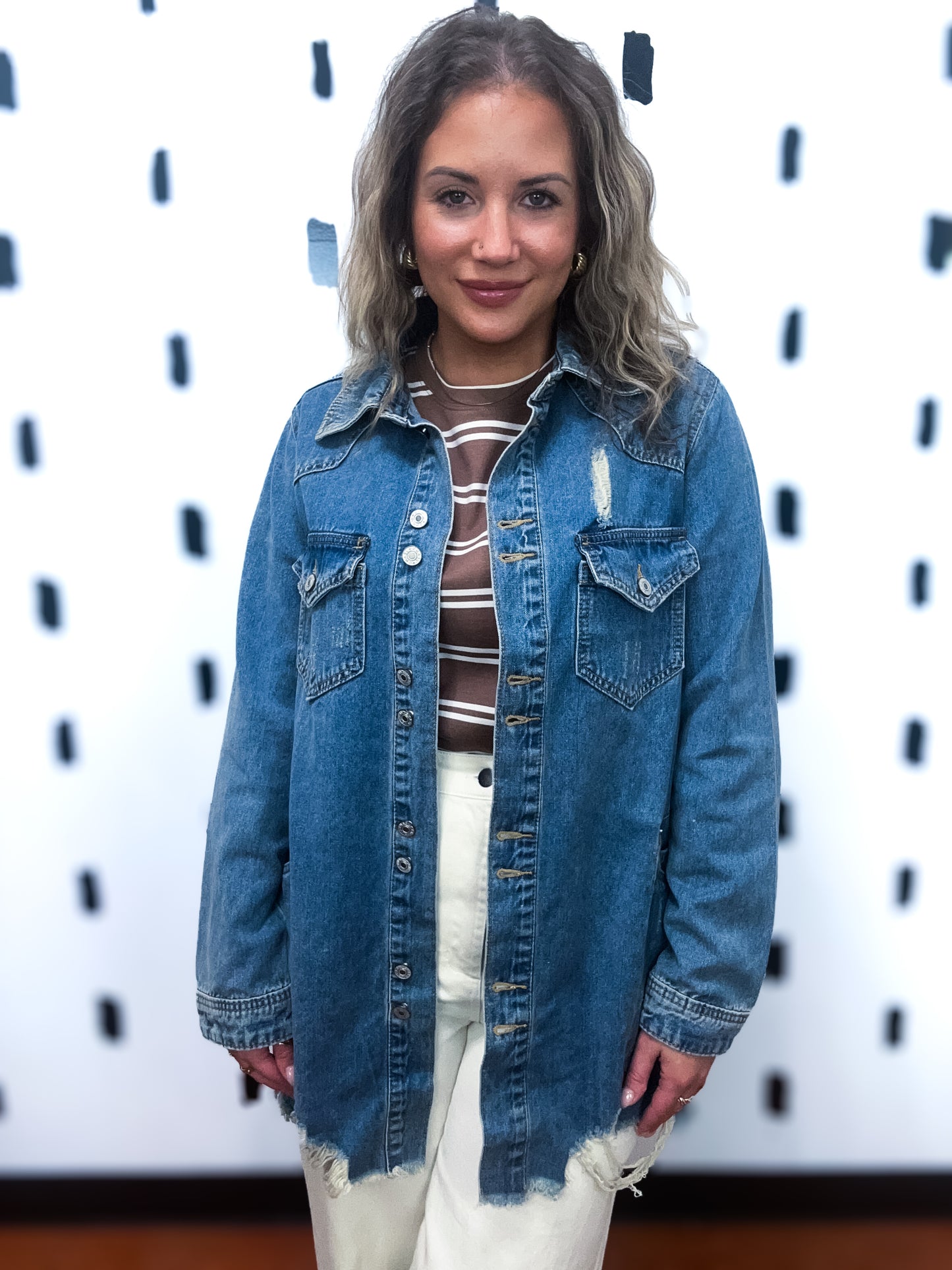 Med Wash Distressed Oversized Denim Jacket