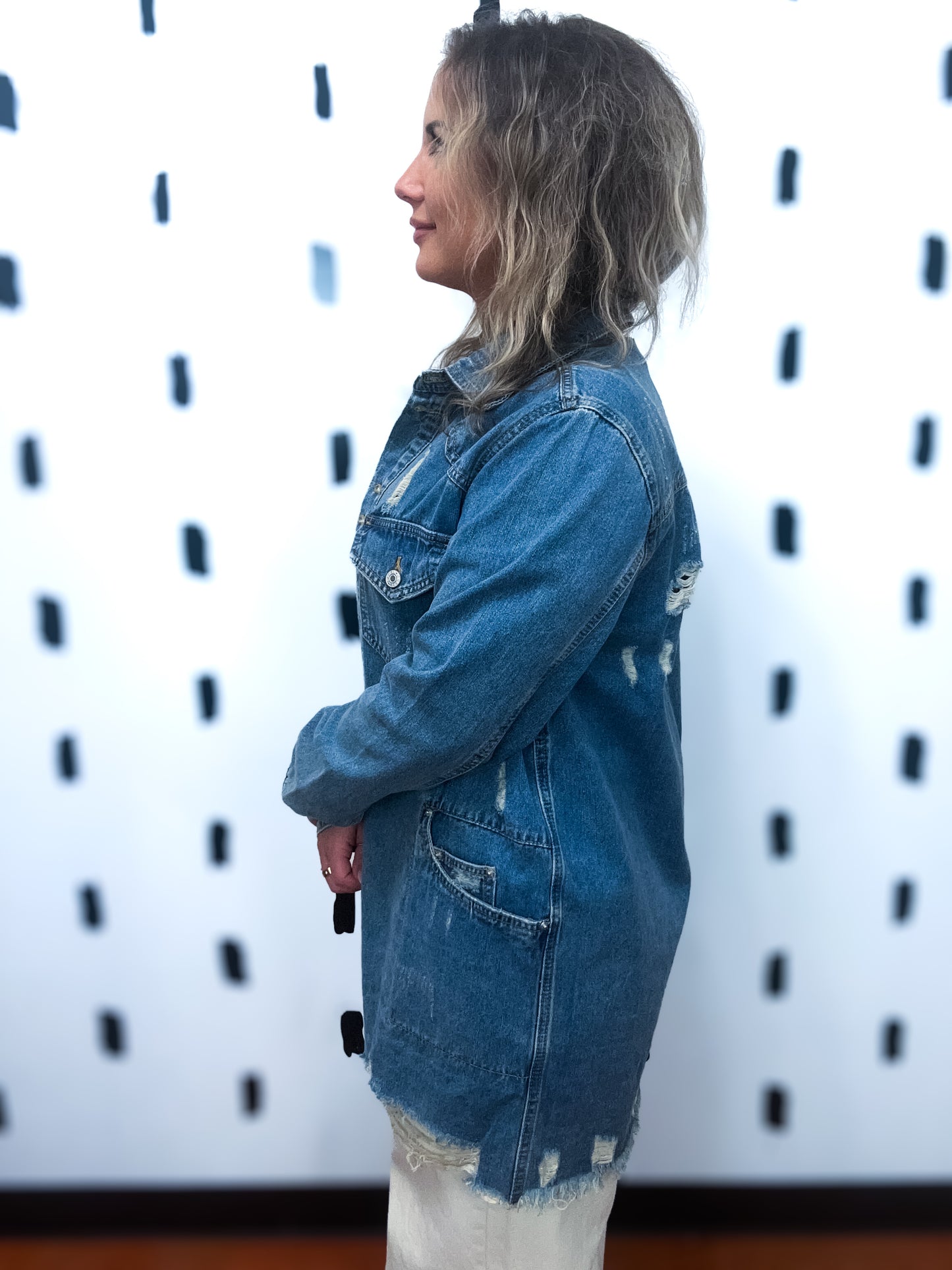 Med Wash Distressed Oversized Denim Jacket