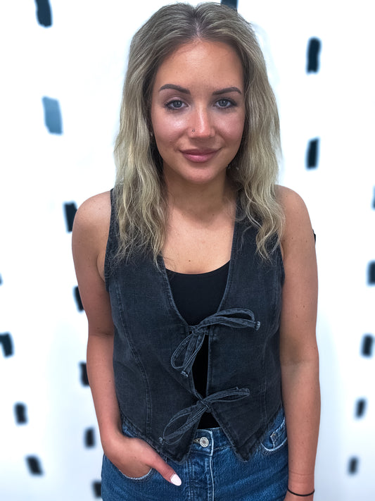 Black Denim Front Tie Vest