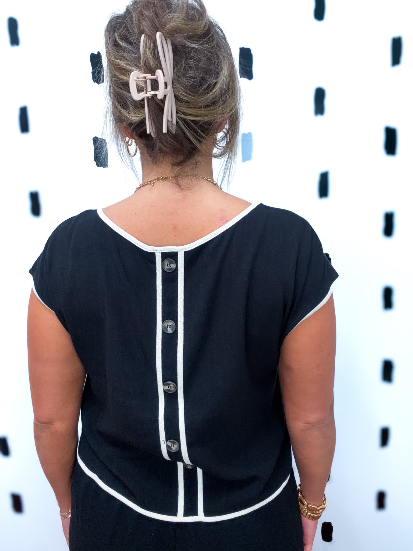 Black Short Sleeve Button Back Blouse