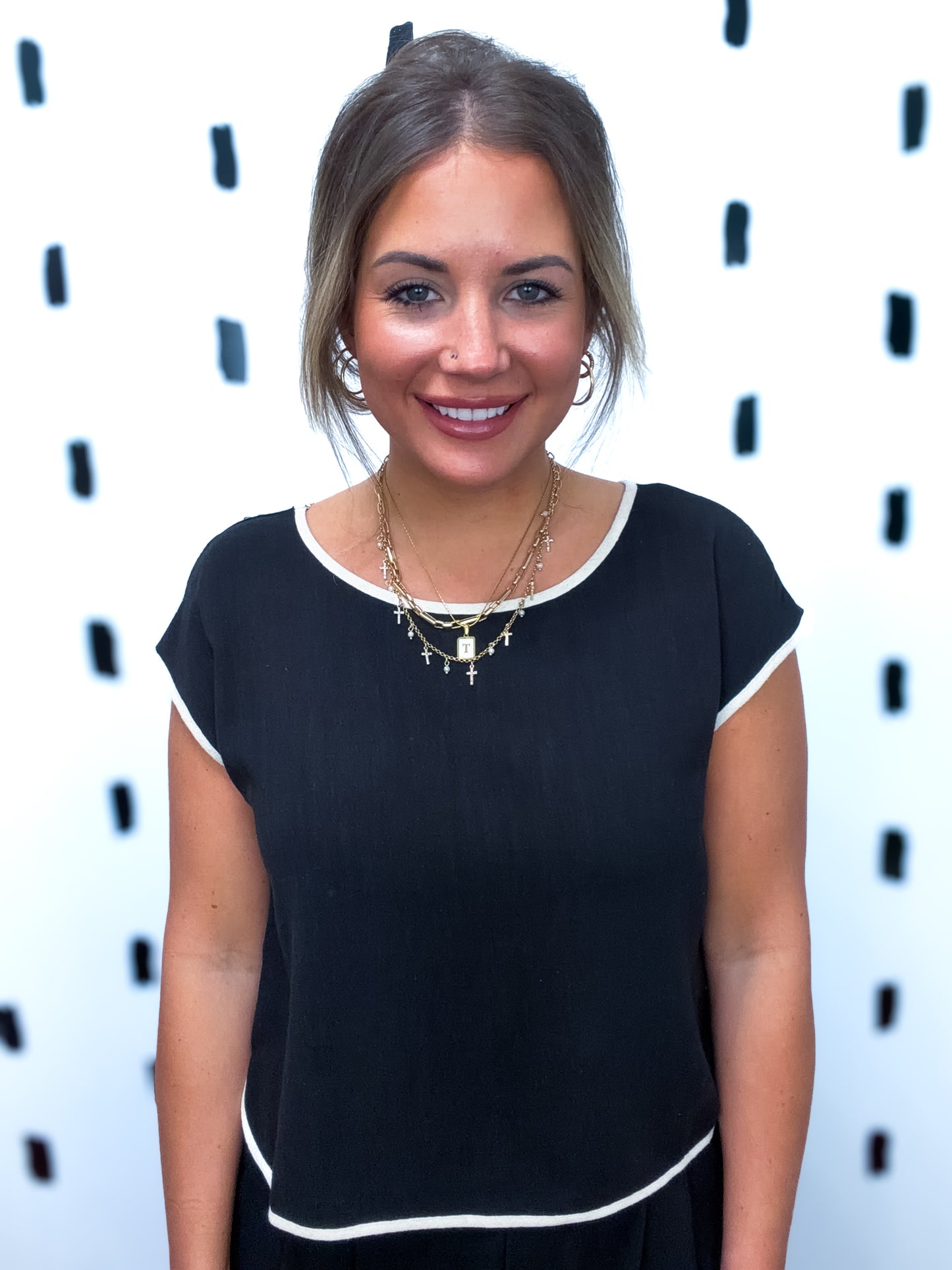 Black Short Sleeve Button Back Blouse