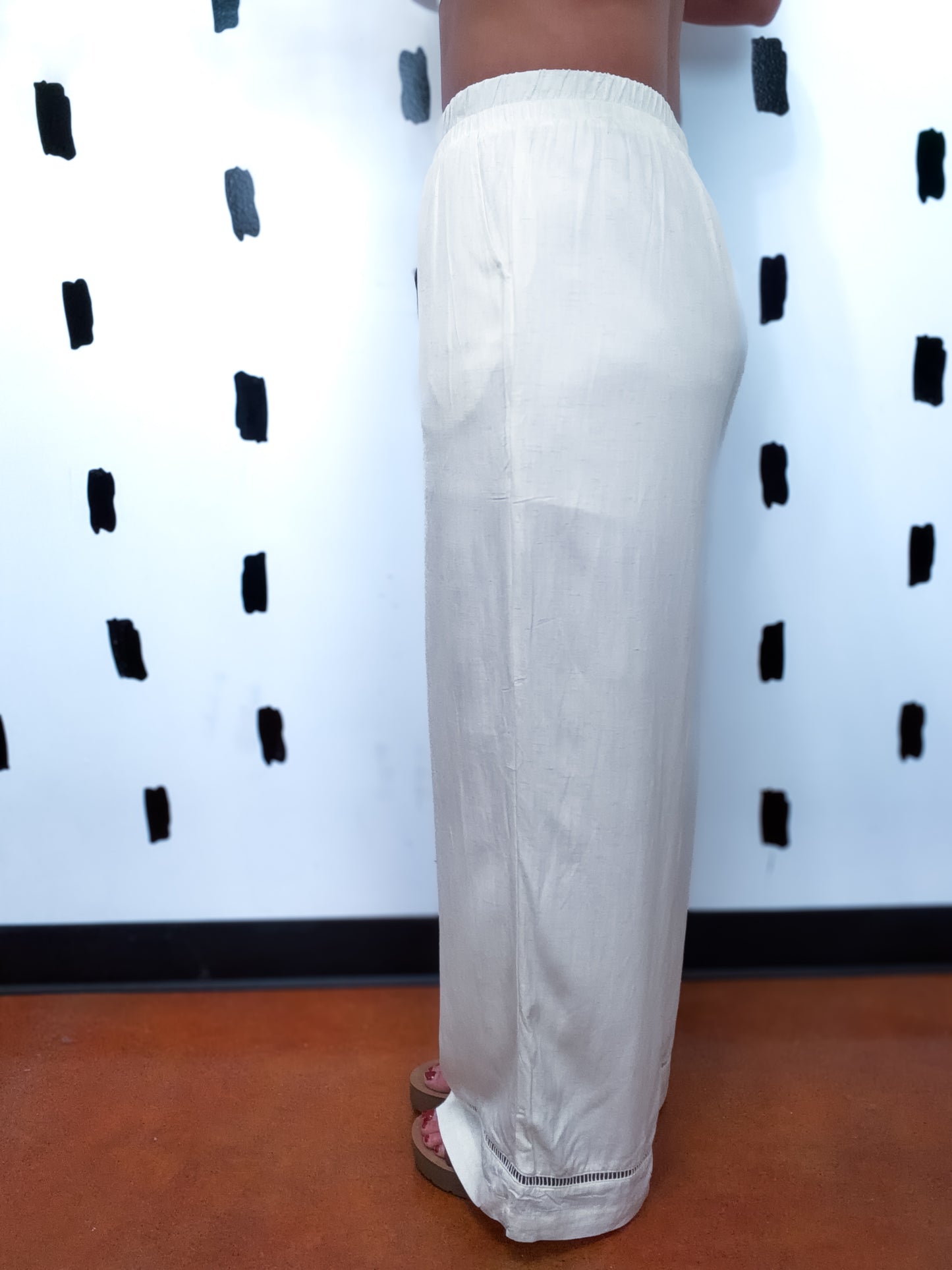 Natural Ladder Lace Trim Wide Leg Pants