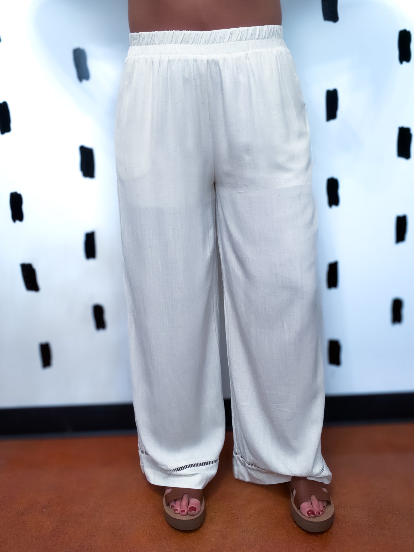 Natural Ladder Lace Trim Wide Leg Pants