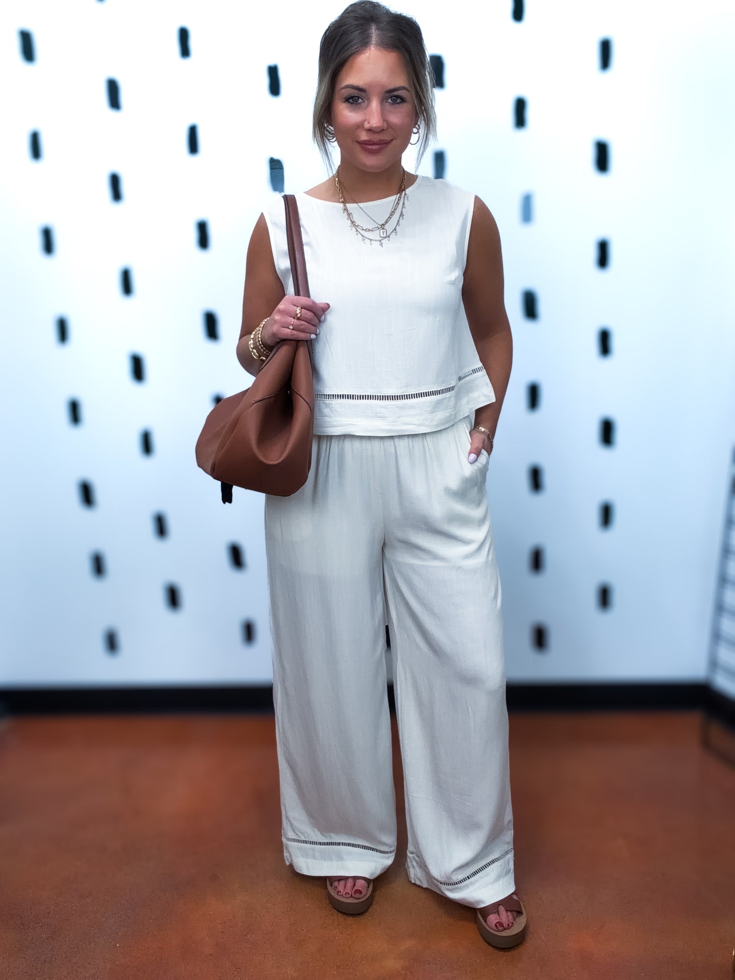 Natural Ladder Lace Trim Wide Leg Pants