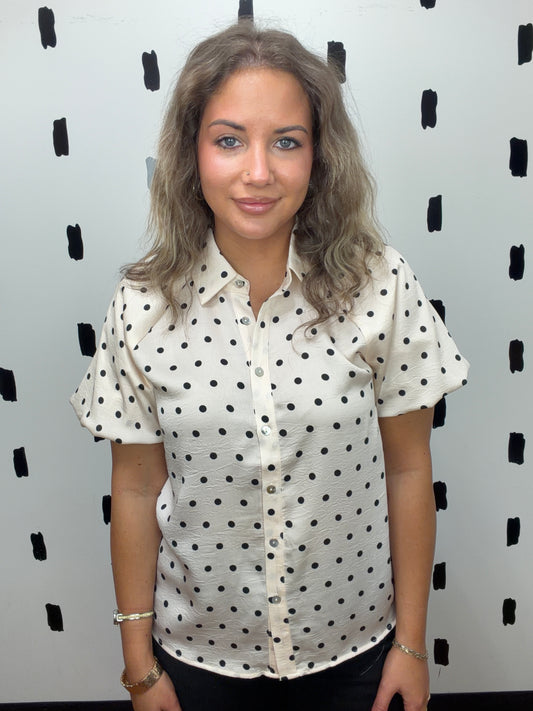 Cream Polka Dot Bubble Sleeve Blouse