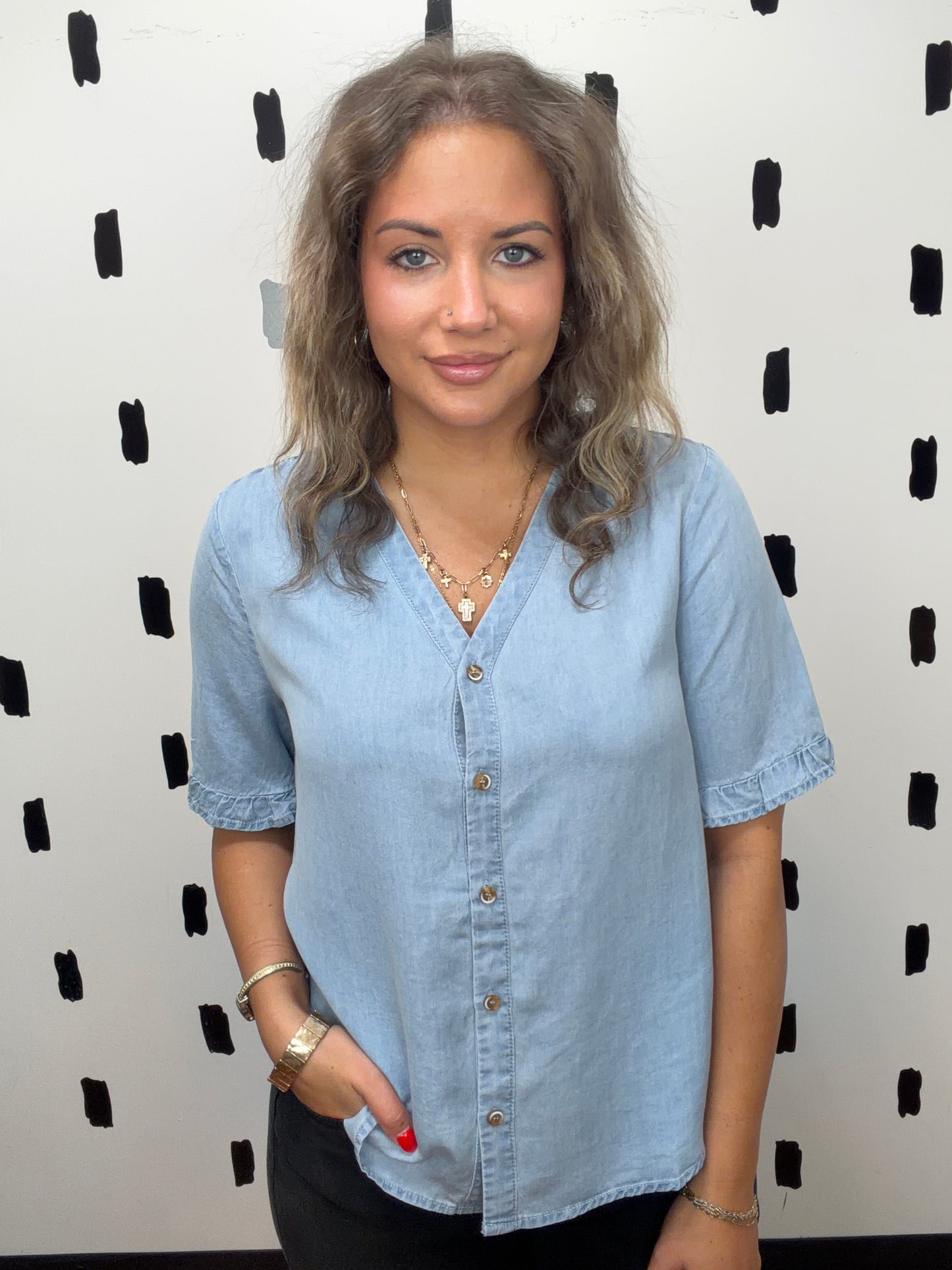 Denim V Neck Short Sleeve Button Up Top