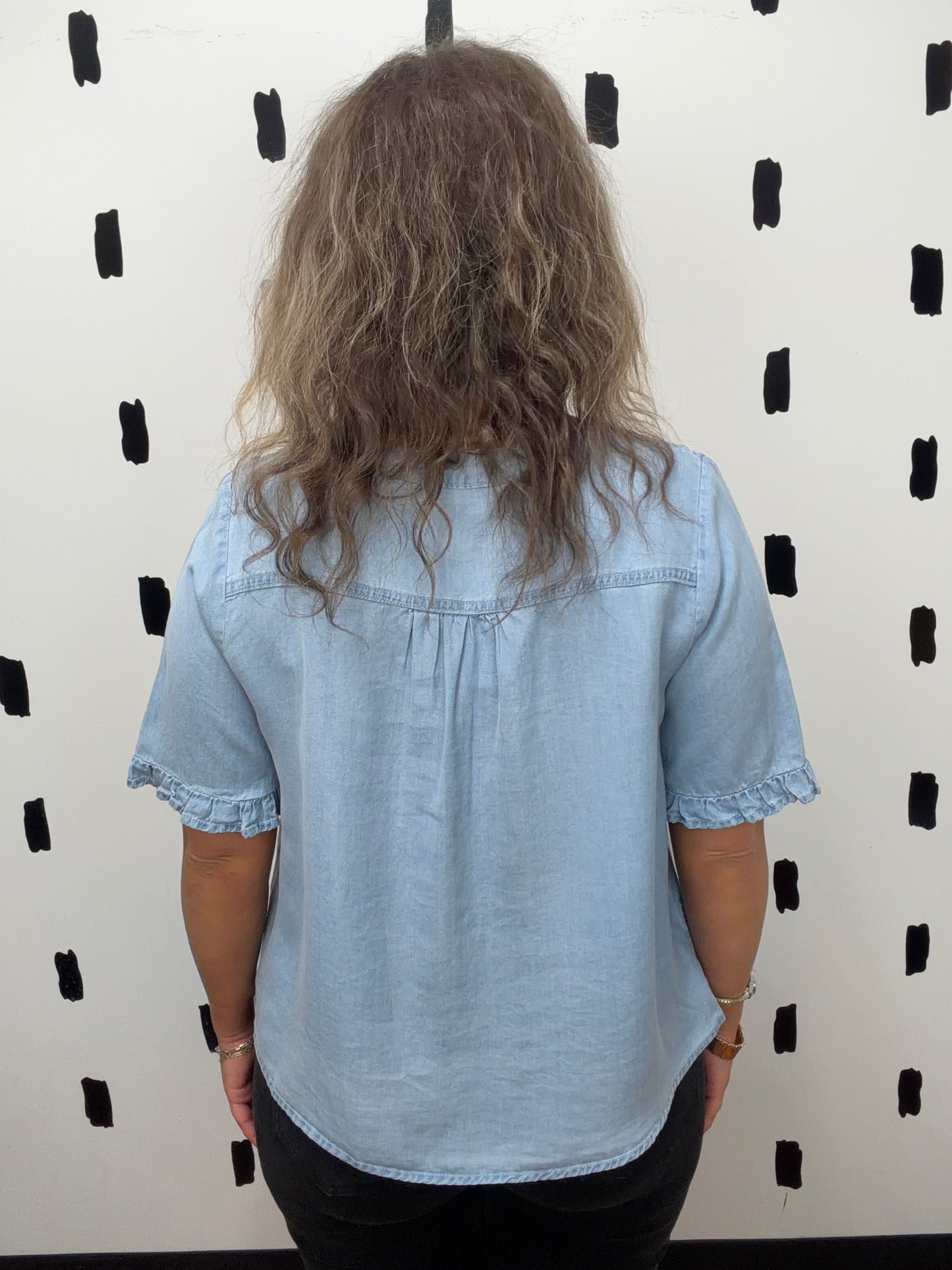 Denim V Neck Short Sleeve Button Up Top