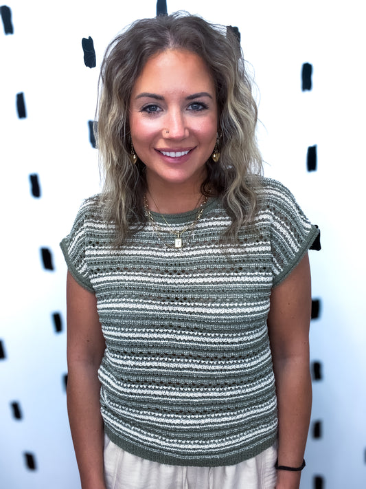Light Olive Stripe Short Sleeve Sweater