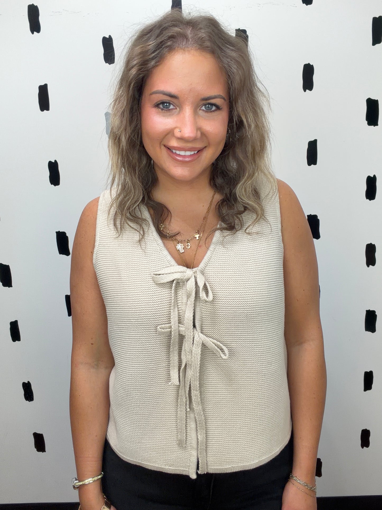 Sand Beige Tie Front Sweater Vest