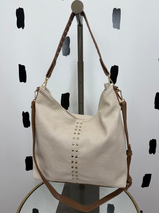 Cotton/Brown Slouchy Hobo Stud Detail Bag