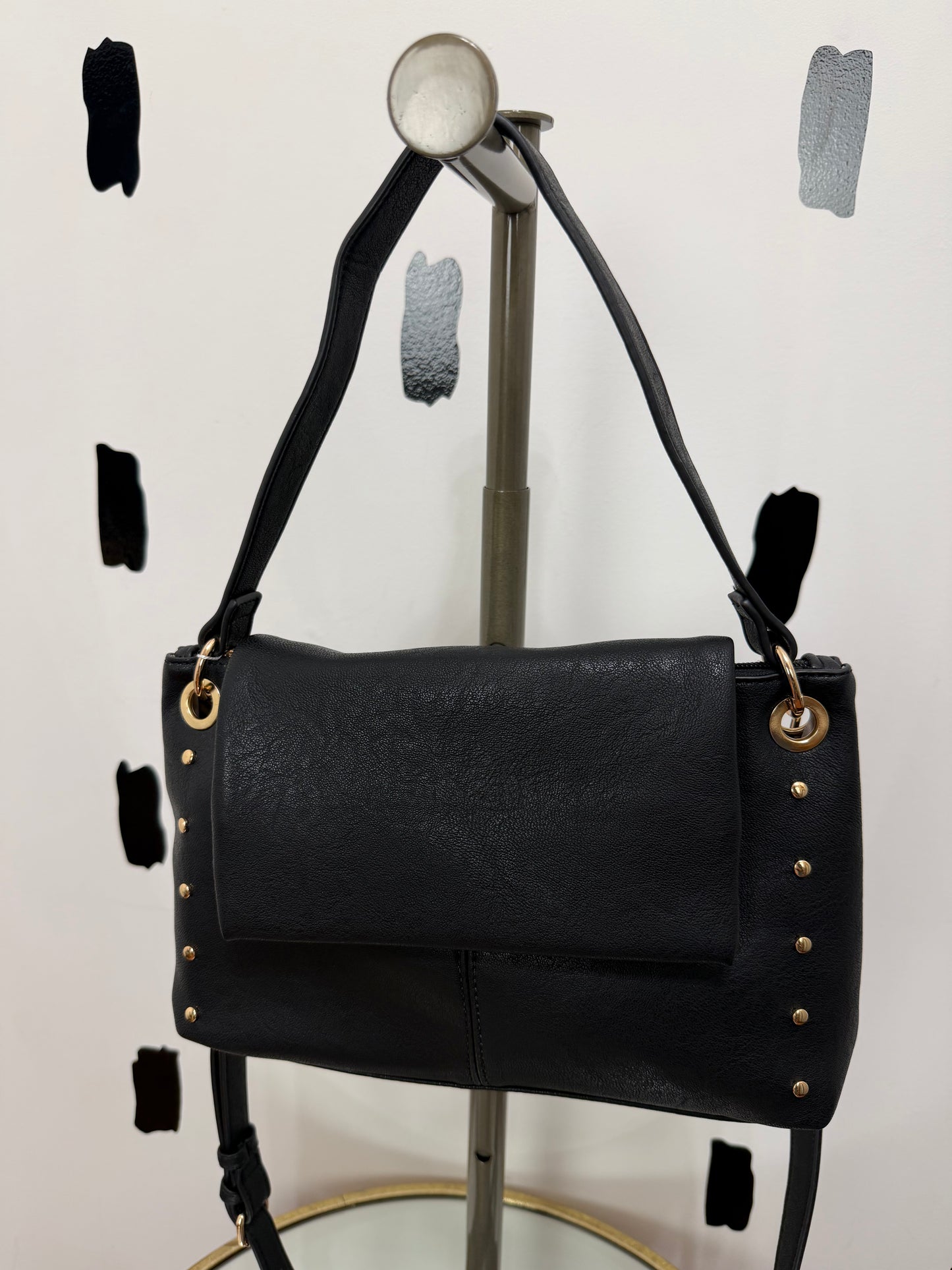 Black Fold Over Studded Detail Bag