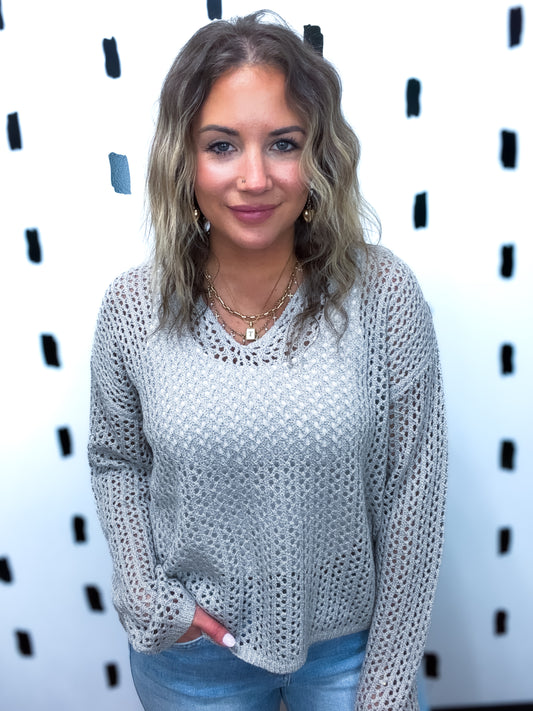 Grey Split V-Neck Open Knit Sweater