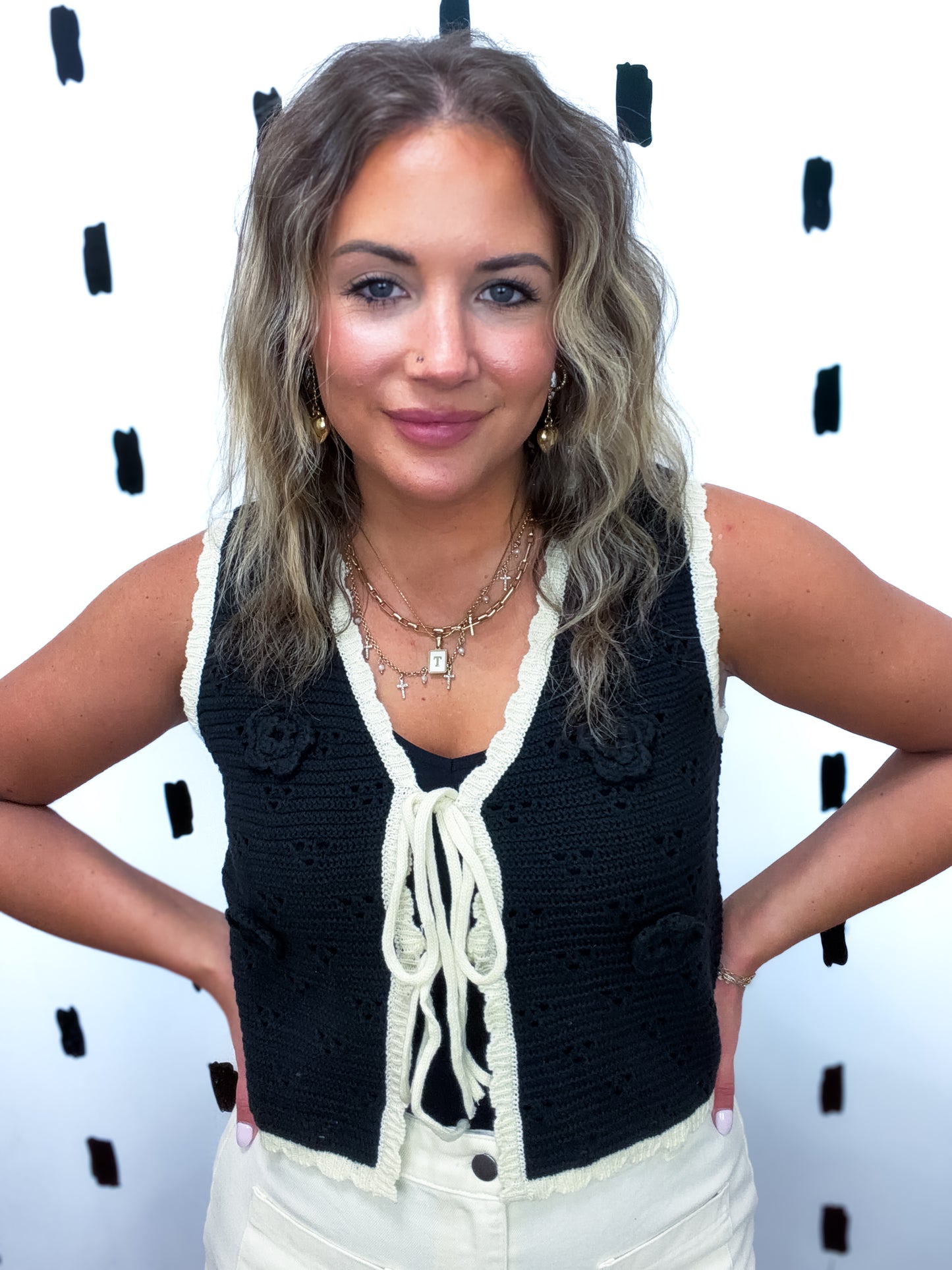 Black Front Tie Crochet Knit Vest