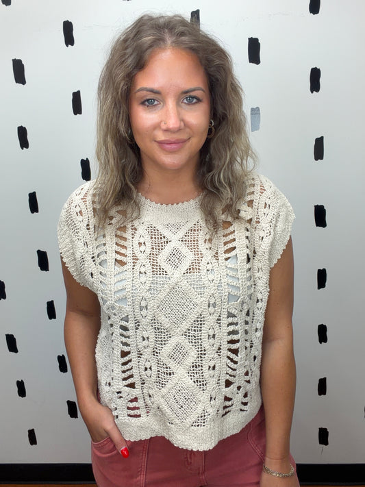 Natural Crochet Open Knit Short Sleeve Top