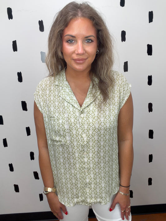 Sage Abstract Print Collar Blouse