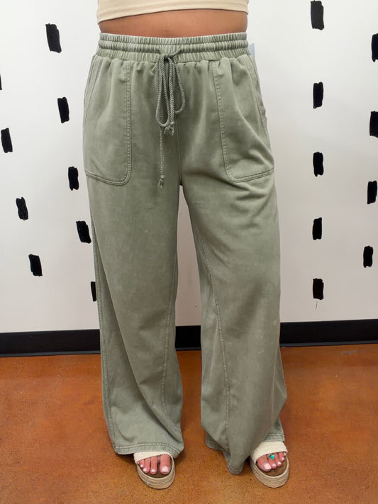 Olive Mineral Wash Wide Leg Pants